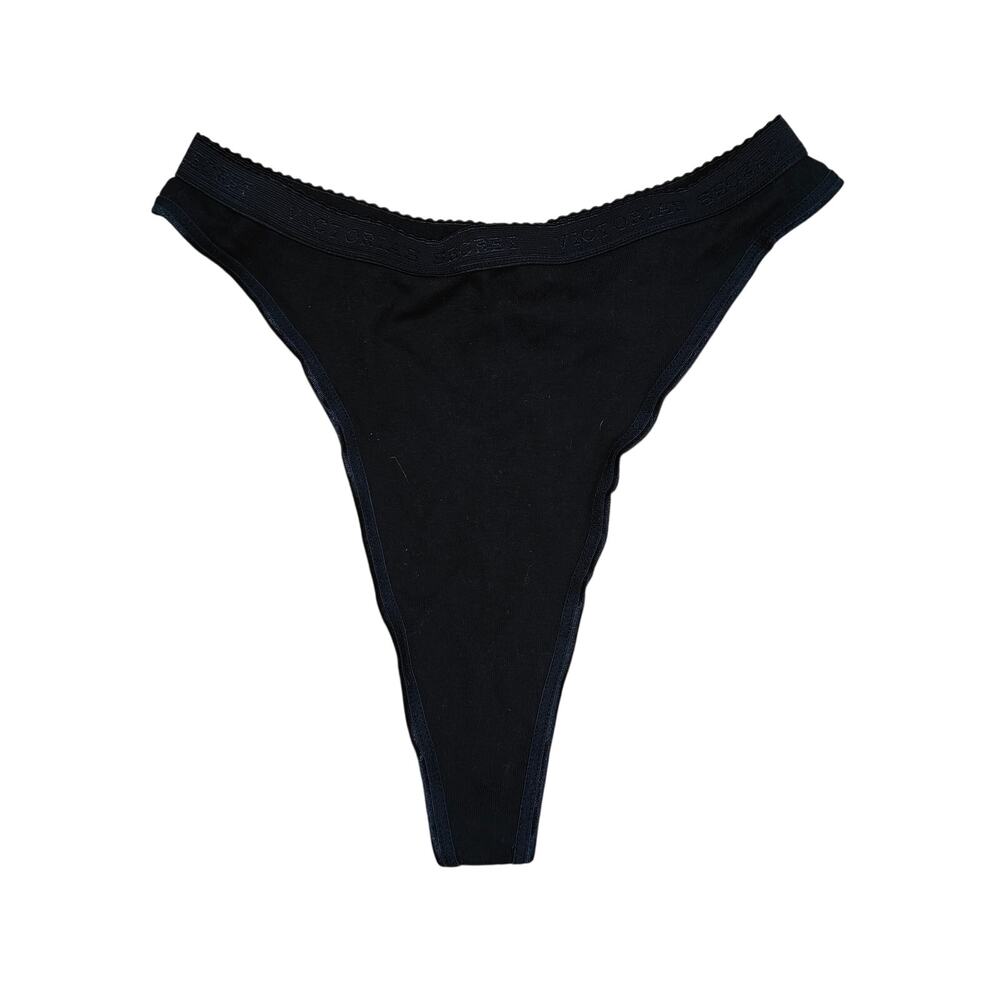 Vintage Victoria's Secret Signature Waistband Inky Black Thong Cotton Large